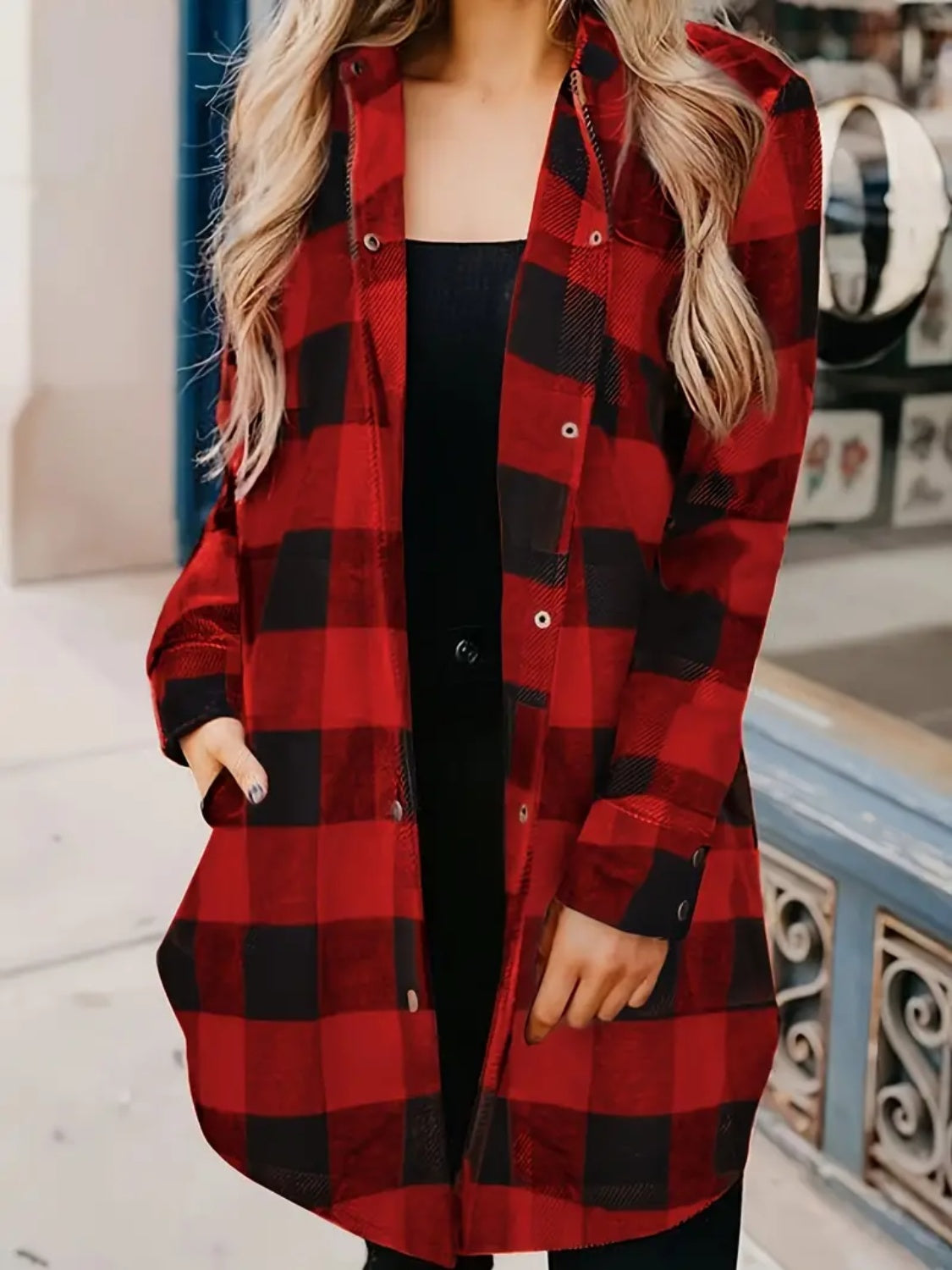 Plaid Collared Neck Snap Down Long Sleeve Jacket Trendsi