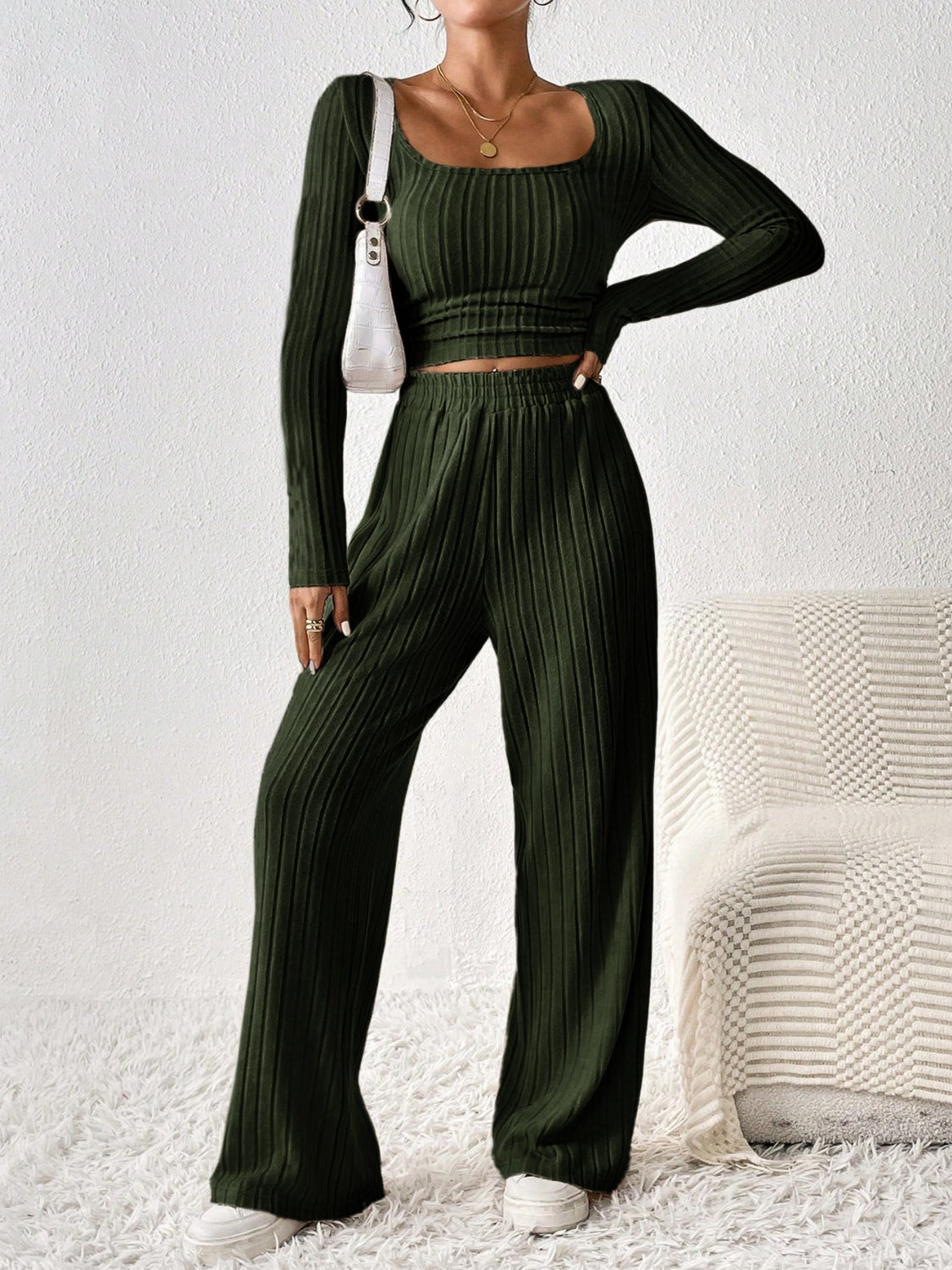 Honey Scoop Neck Long Sleeve Top and Pants Set Trendsi