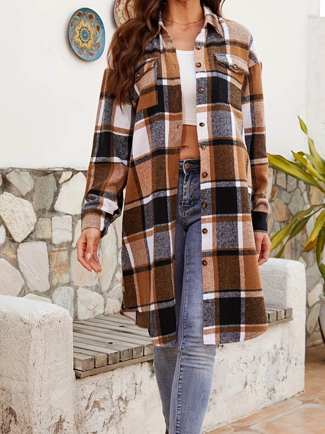 Plaid Collared Neck Long Sleeve Jacket Trendsi