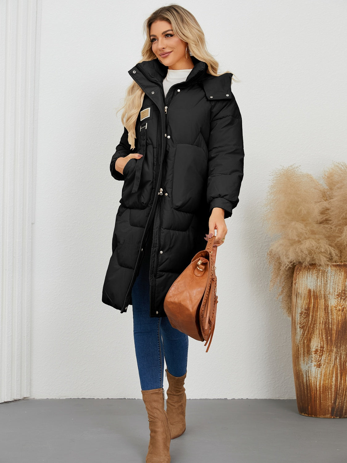 Long Sleeve Longline Hooded Winter Coat Trendsi