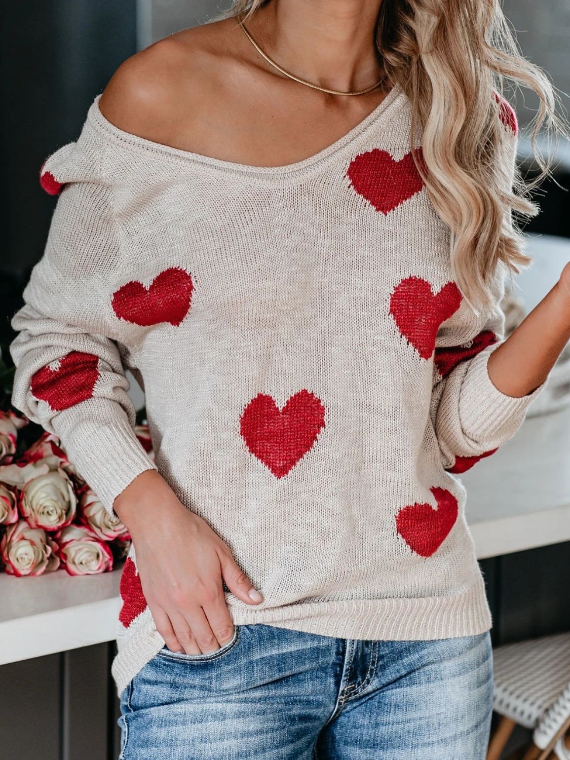 Heart Scoop Neck Long Sleeve Sweater Trendsi