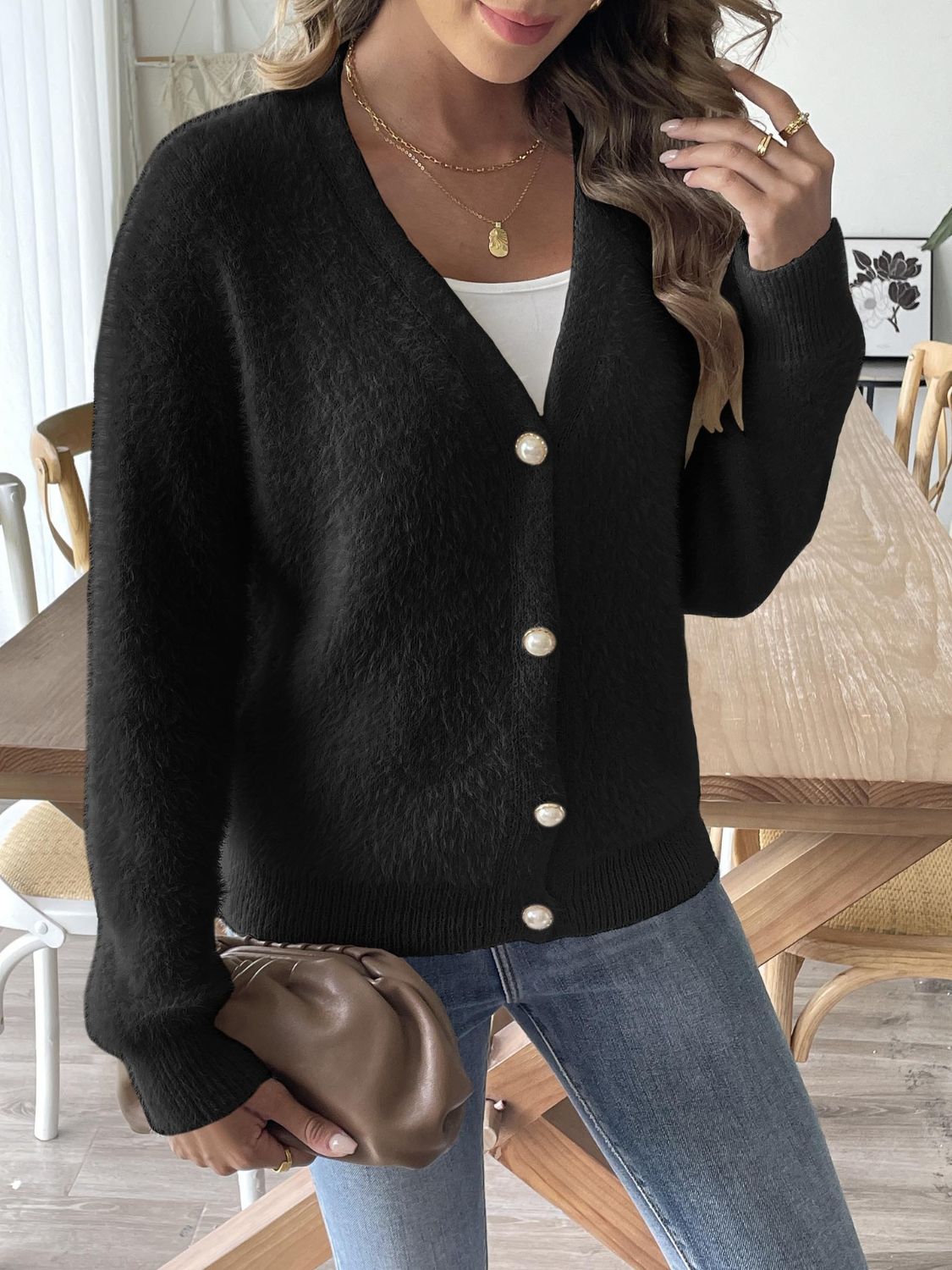 Button Up V-Neck Long Sleeve Cardigan Trendsi