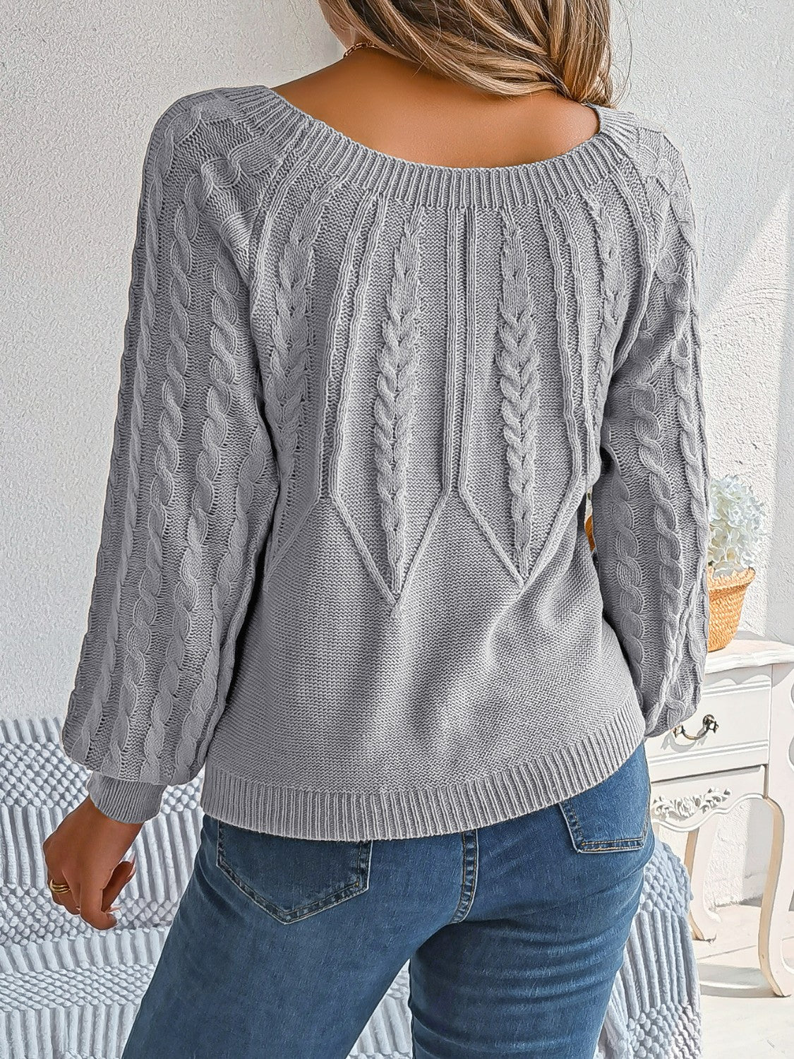 Cable-Knit Round Neck Long Sleeve Sweater Trendsi