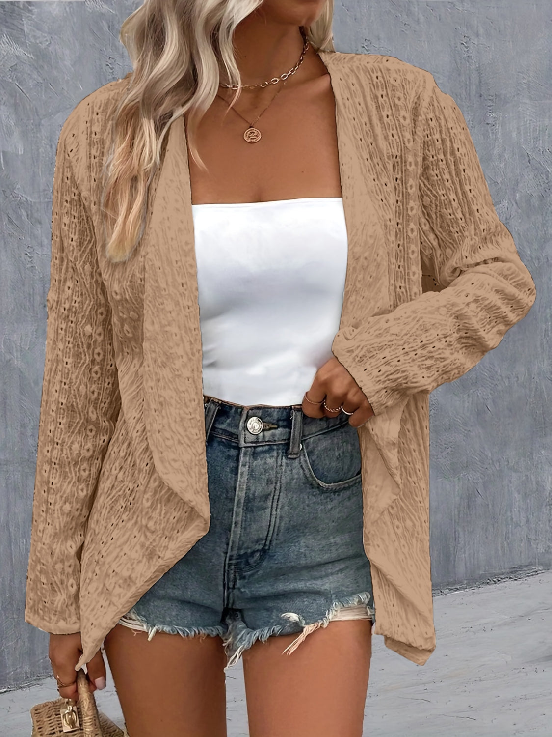 Eyelet Roll-Tab Sleeve Cardigan Trendsi