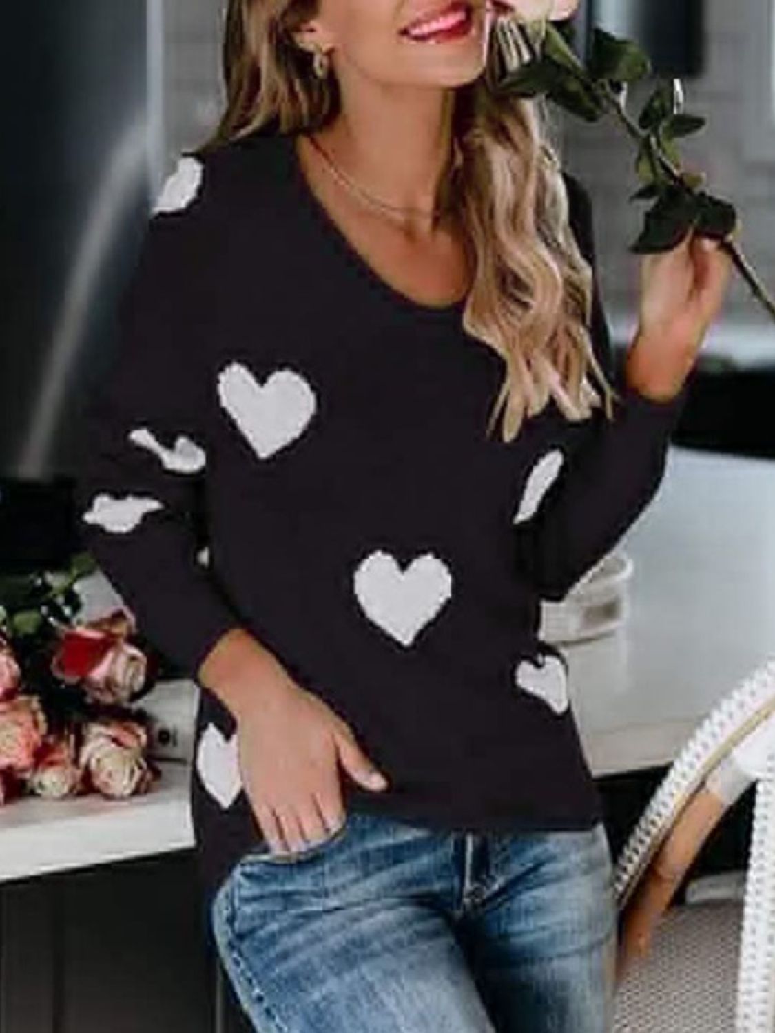 Heart Scoop Neck Long Sleeve Sweater Trendsi