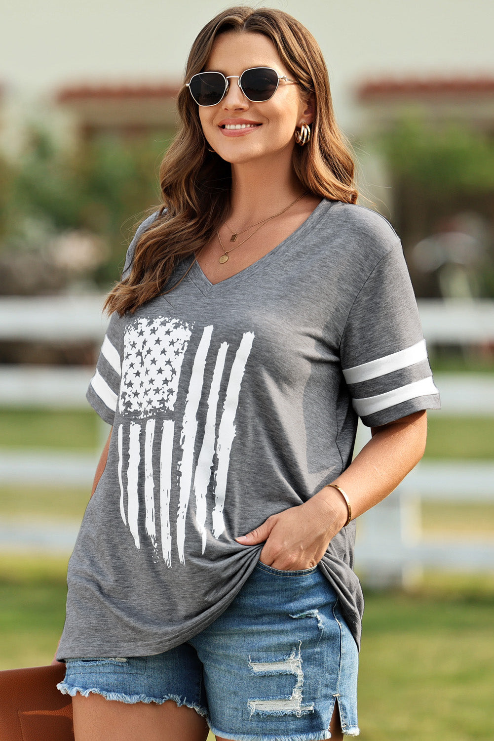 Plus Size US Flag Graphic V-Neck Tee Trendsi