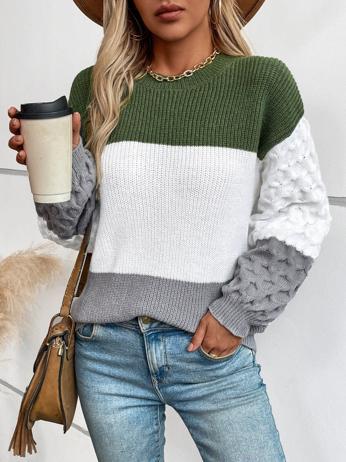 Color Block Round Neck Long Sleeve Sweater Trendsi