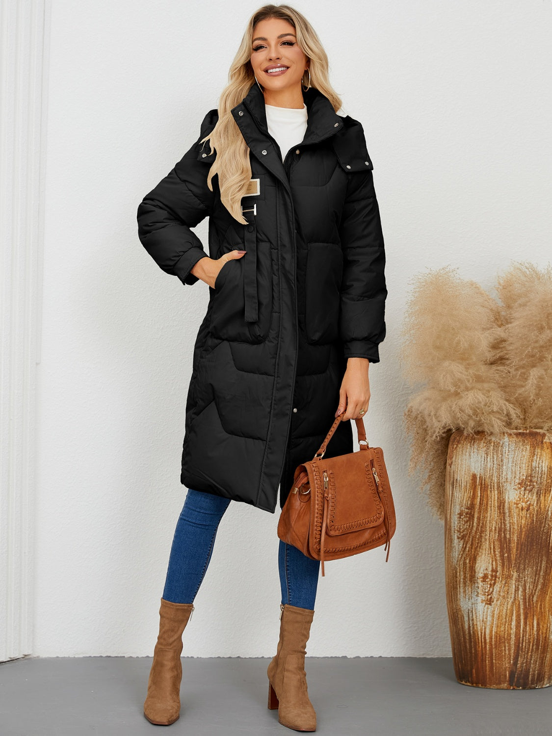 Long Sleeve Longline Hooded Winter Coat Trendsi