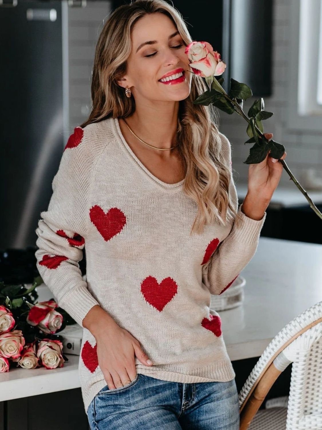 Heart Scoop Neck Long Sleeve Sweater Trendsi