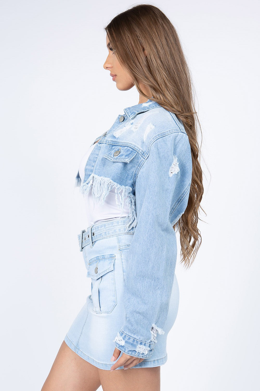 American Bazi Distressed Denim Jacket with Frayed Hem Trendsi