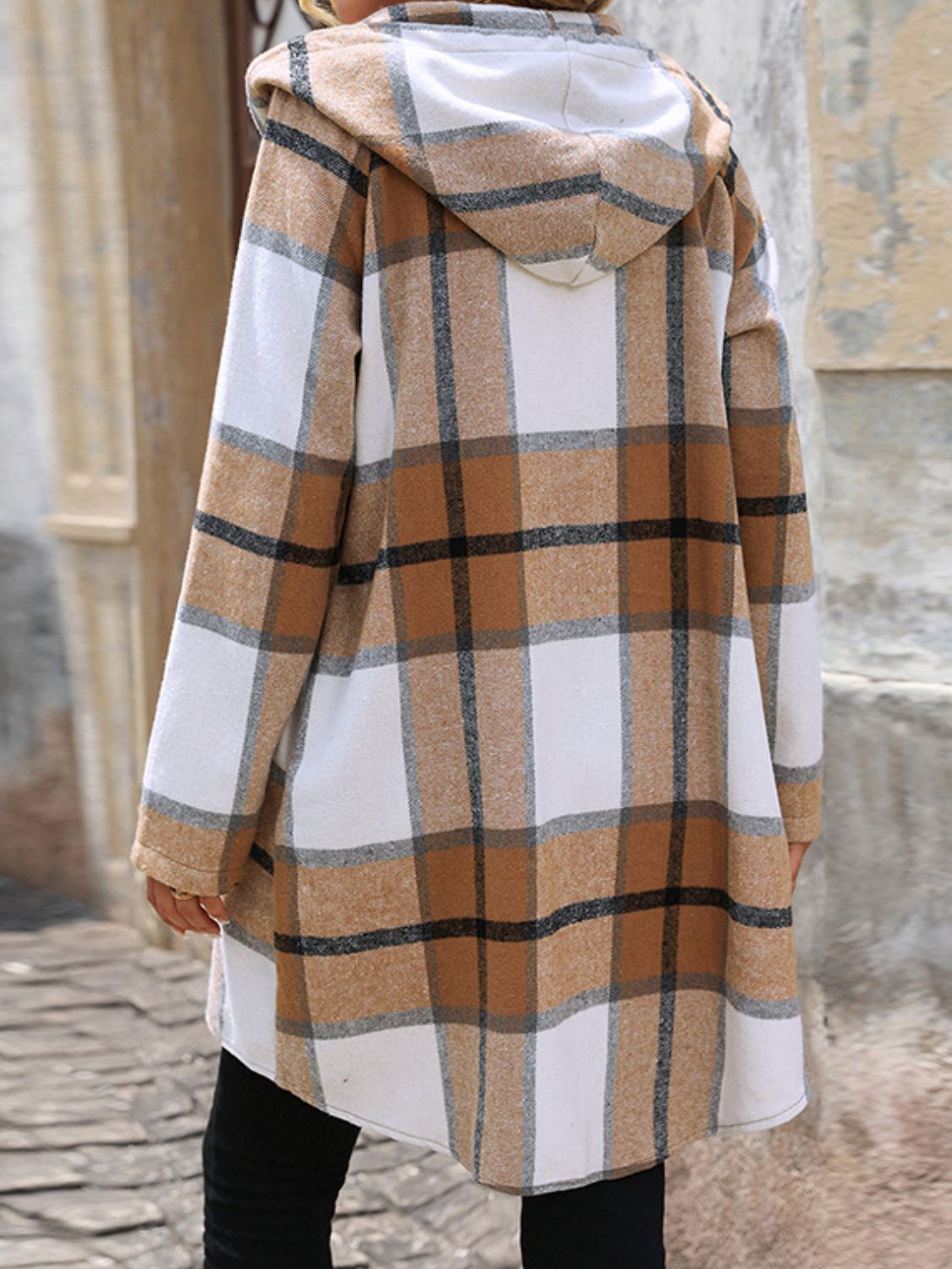 Drawstring Plaid Zip Up Long Sleeve Hooded Outerwear Trendsi