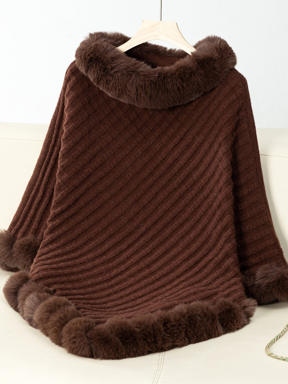 Fuzzy Trim Texture Three-Quarter Sleeve Poncho Trendsi