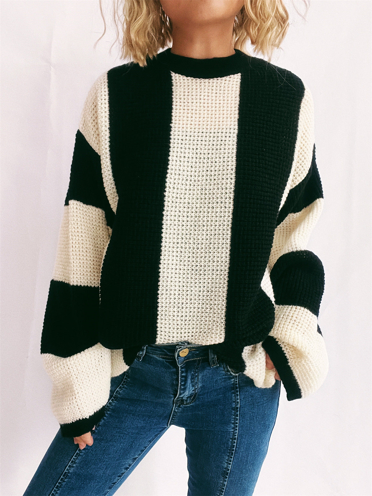 Color Block Round Neck Long Sleeve Sweater Trendsi