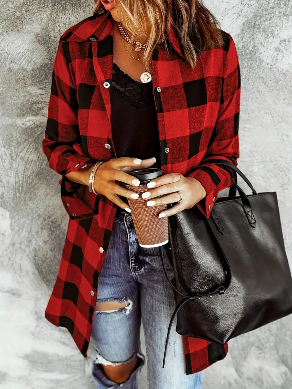 Plaid Collared Neck Snap Down Long Sleeve Jacket Trendsi