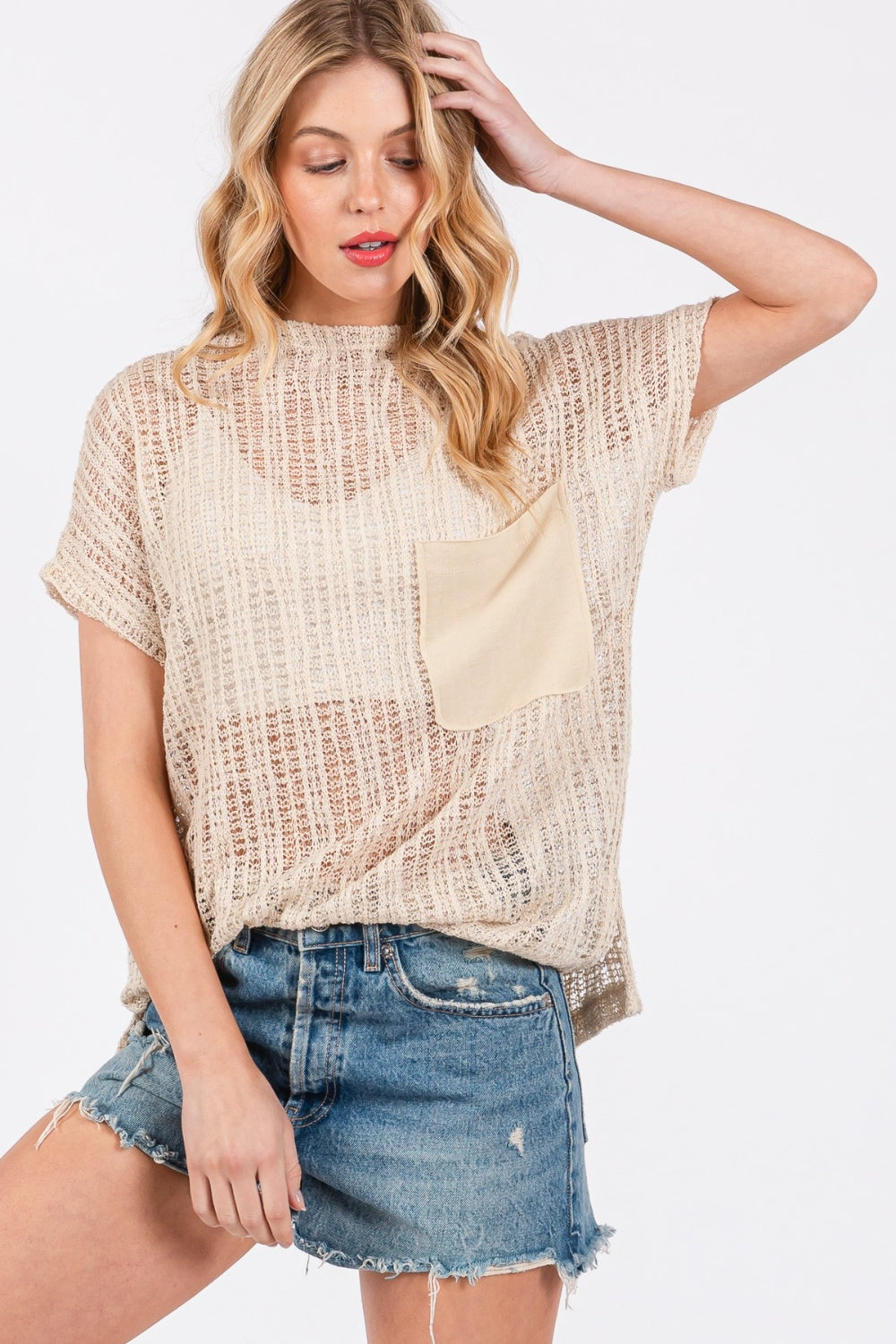 Ces Femme See Through Crochet Mock Neck Cover Up Trendsi