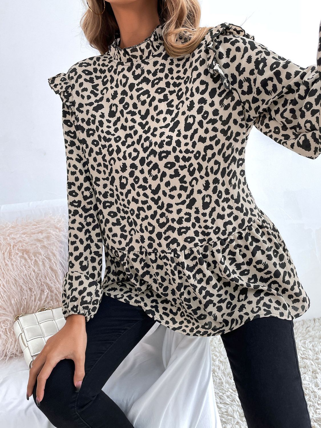 Ruffled Leopard Mock Neck Long Sleeve Blouse Trendsi