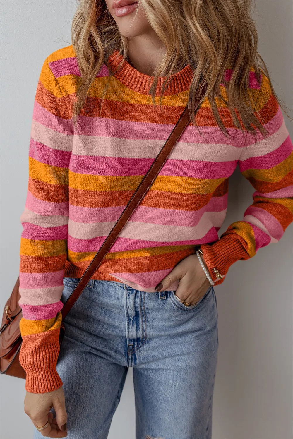 Striped Round Neck Long Sleeve Sweater Trendsi