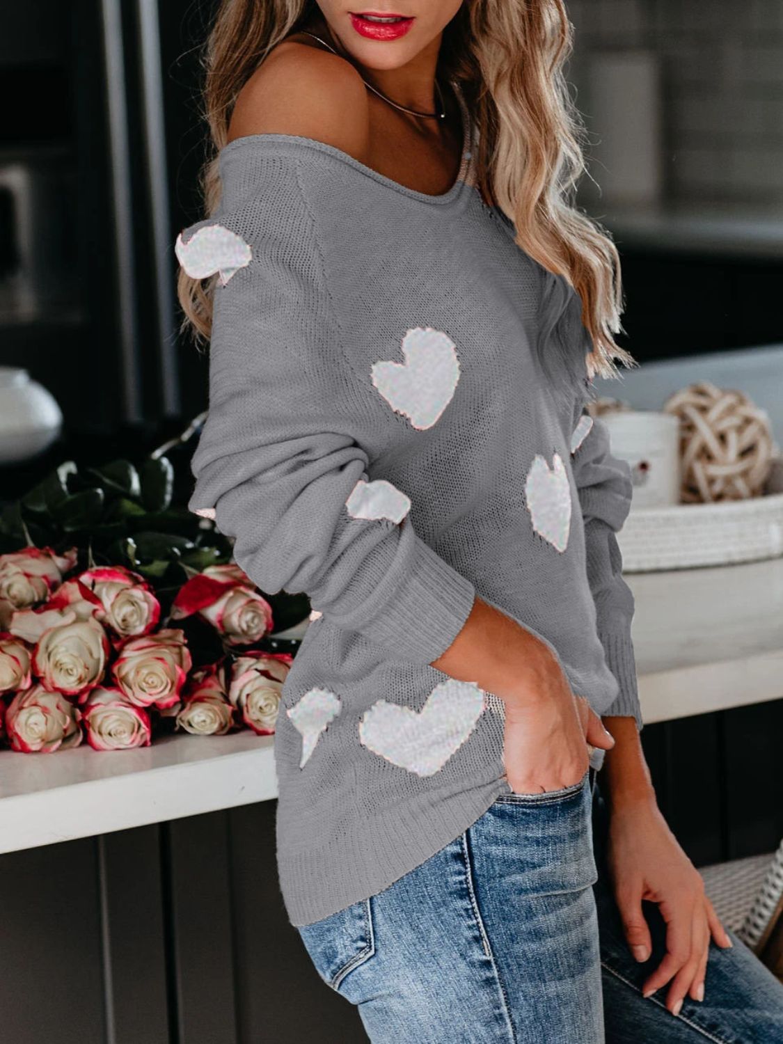 Heart Scoop Neck Long Sleeve Sweater Trendsi