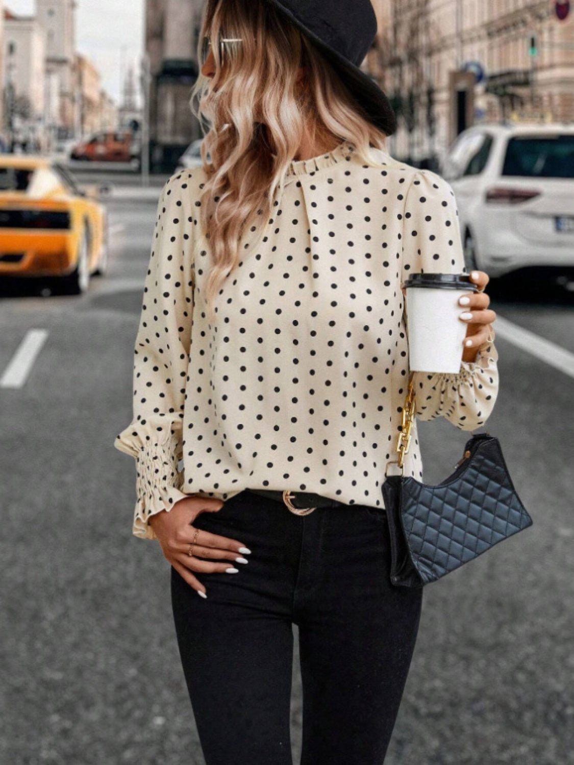 Polka Dot Mock Neck Long Sleeve Blouse Trendsi