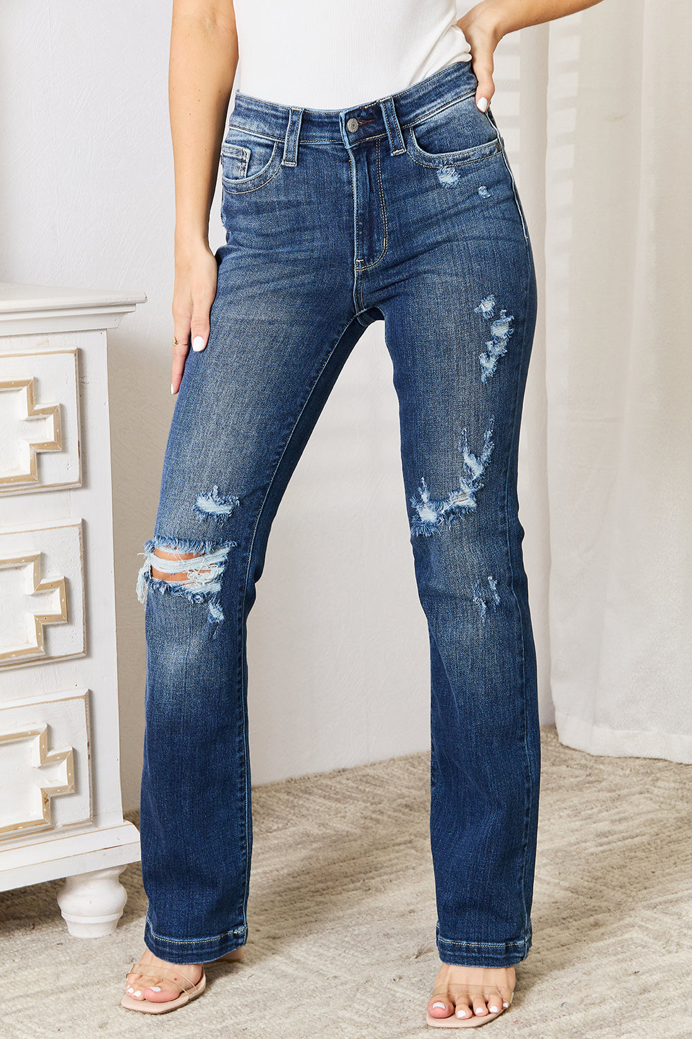 Judy Blue Full Size Mid Rise Hand Sand & Destroy Bootcut Jeans Trendsi