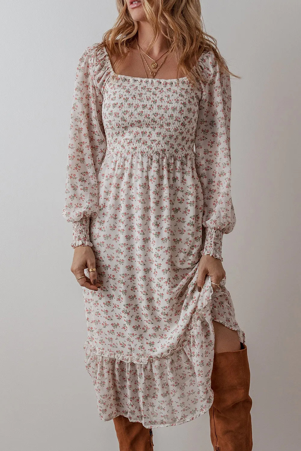 Smocked Floral Square Neck Long Sleeve Midi Dress Trendsi