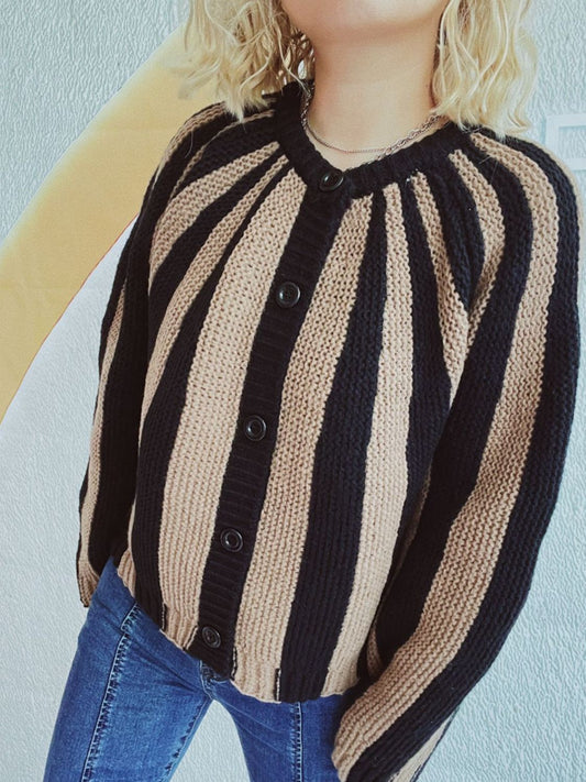 Contrast Stripes Button Down Long Sleeve Cardigan Trendsi