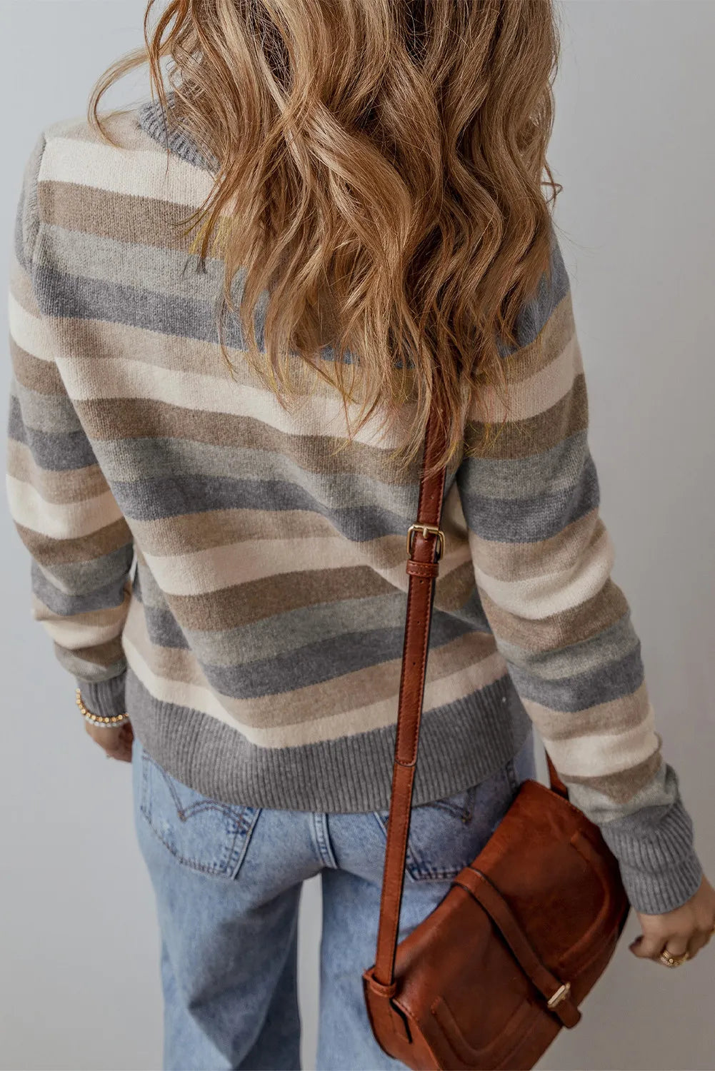 Striped Round Neck Long Sleeve Sweater Trendsi