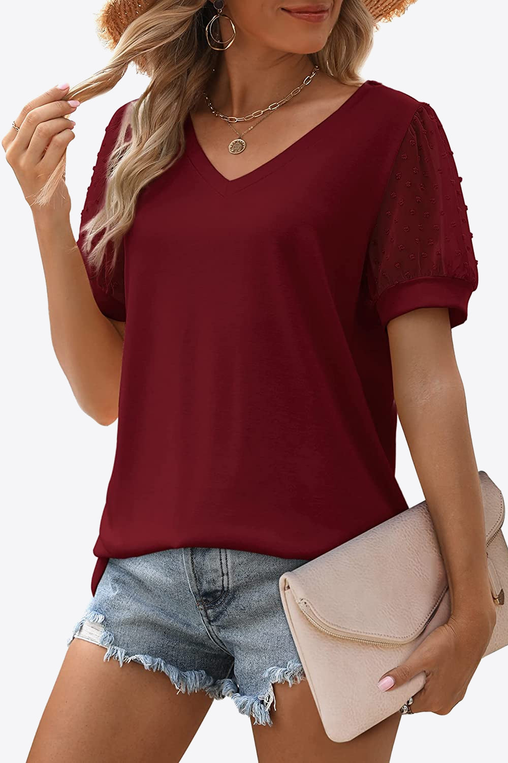 Swiss Dot Puff Sleeve V-Neck Tee Trendsi