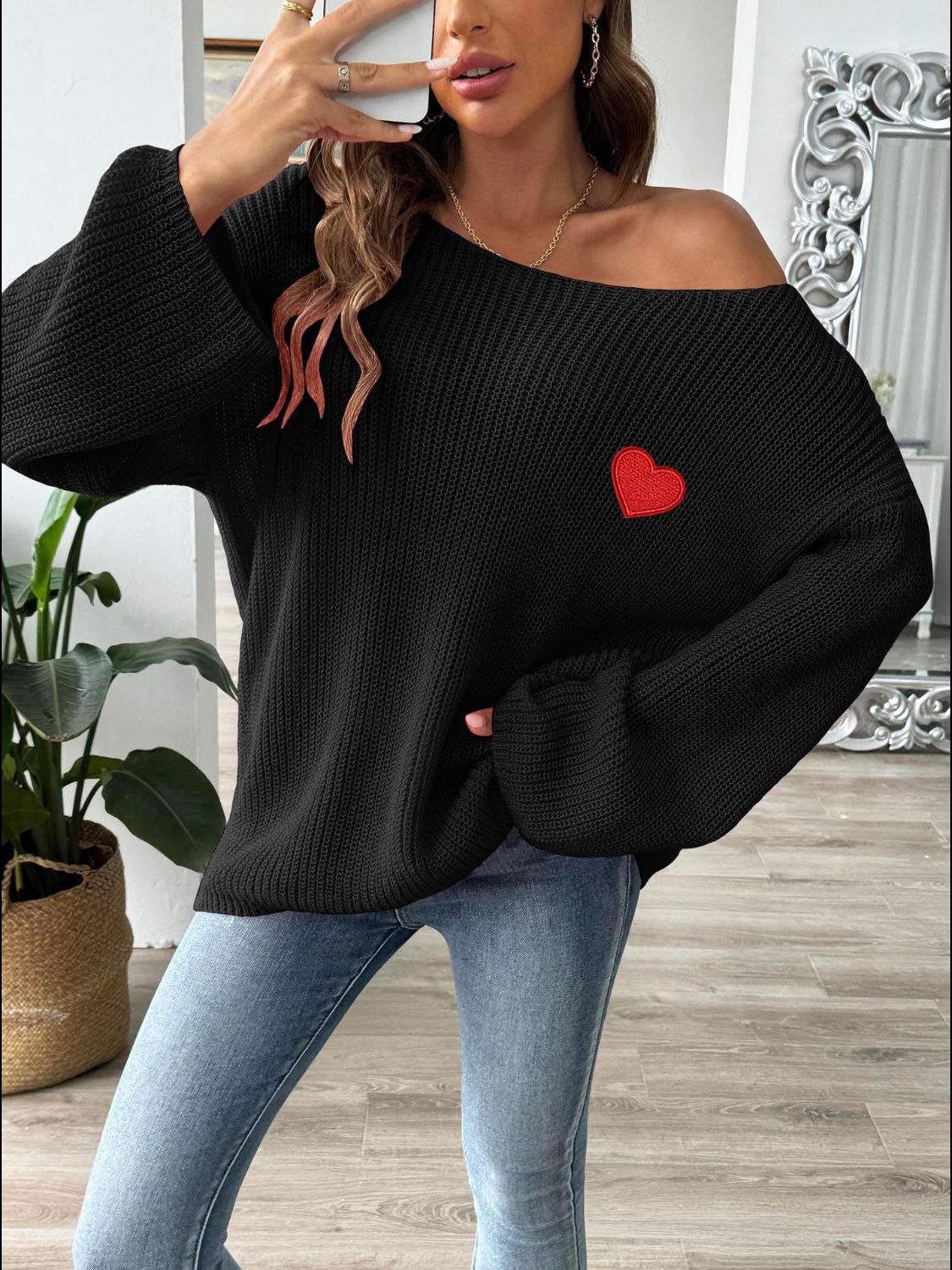 Heart Boat Neck Dropped Shoulder Sweater Trendsi