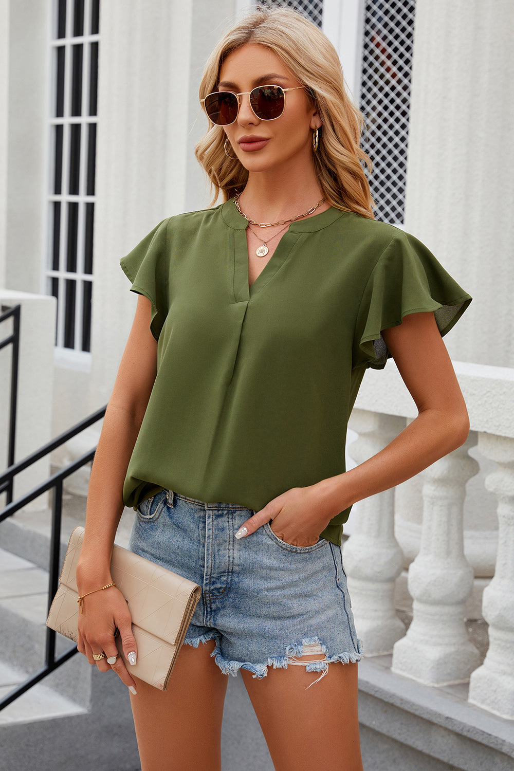 Notched Cap Sleeve T-Shirt Trendsi