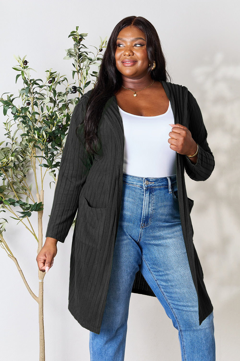 Basic Bae Full Size Hooded Sweater Cardigan Trendsi