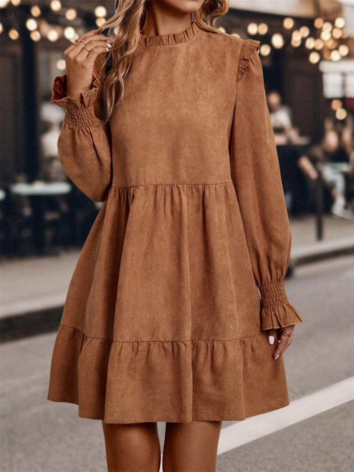 Frill Round Neck Long Sleeve Mini Dress Trendsi