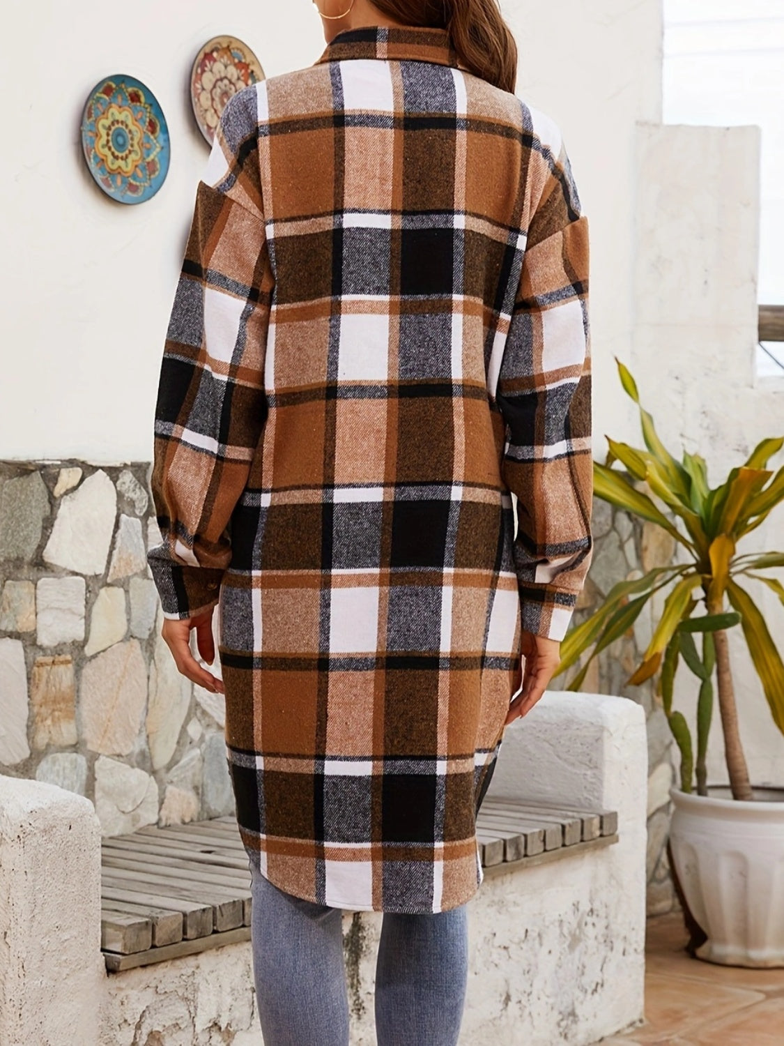 Plaid Collared Neck Long Sleeve Jacket Trendsi