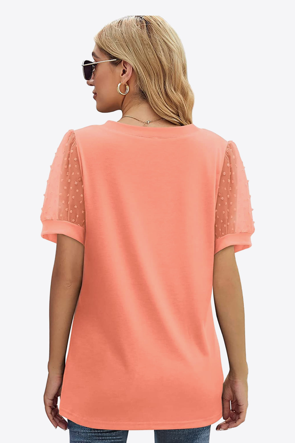 Swiss Dot Puff Sleeve V-Neck Tee Trendsi