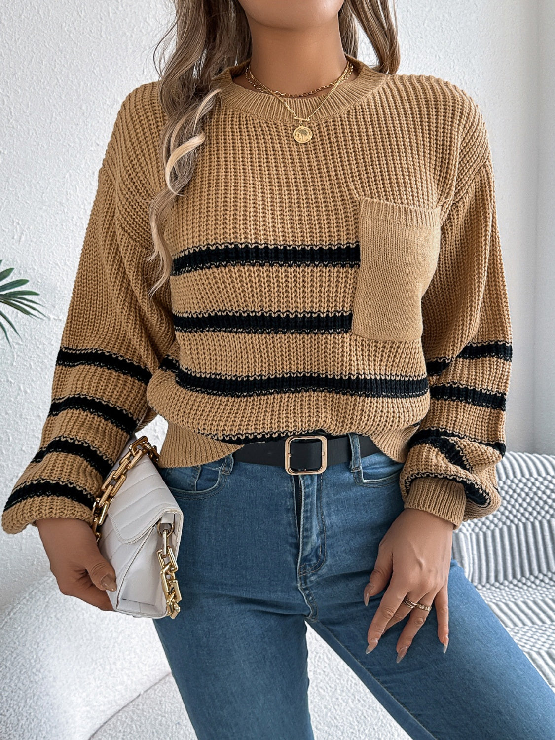 Striped Round Neck Long Sleeve Sweater Trendsi