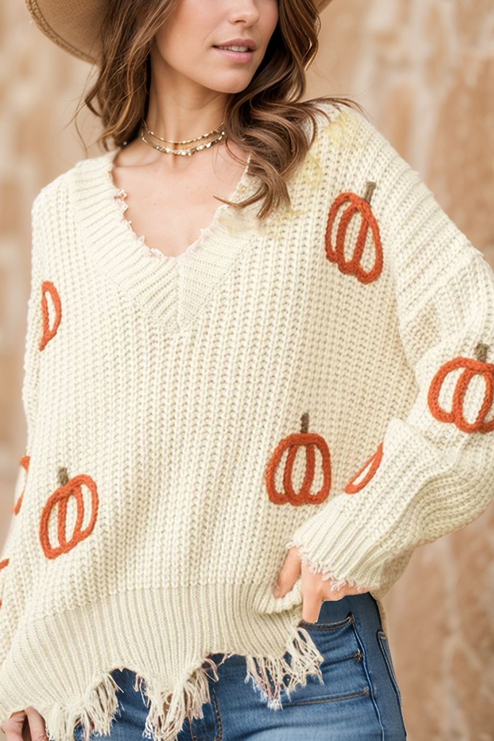 Raw Hem Pumpkin V-Neck Long Sleeve Sweater Trendsi