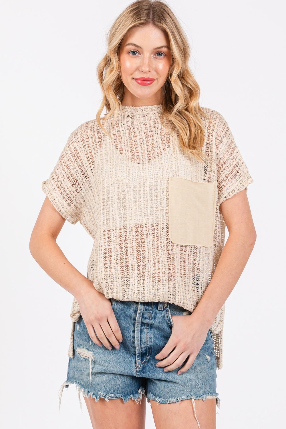 Ces Femme See Through Crochet Mock Neck Cover Up Trendsi