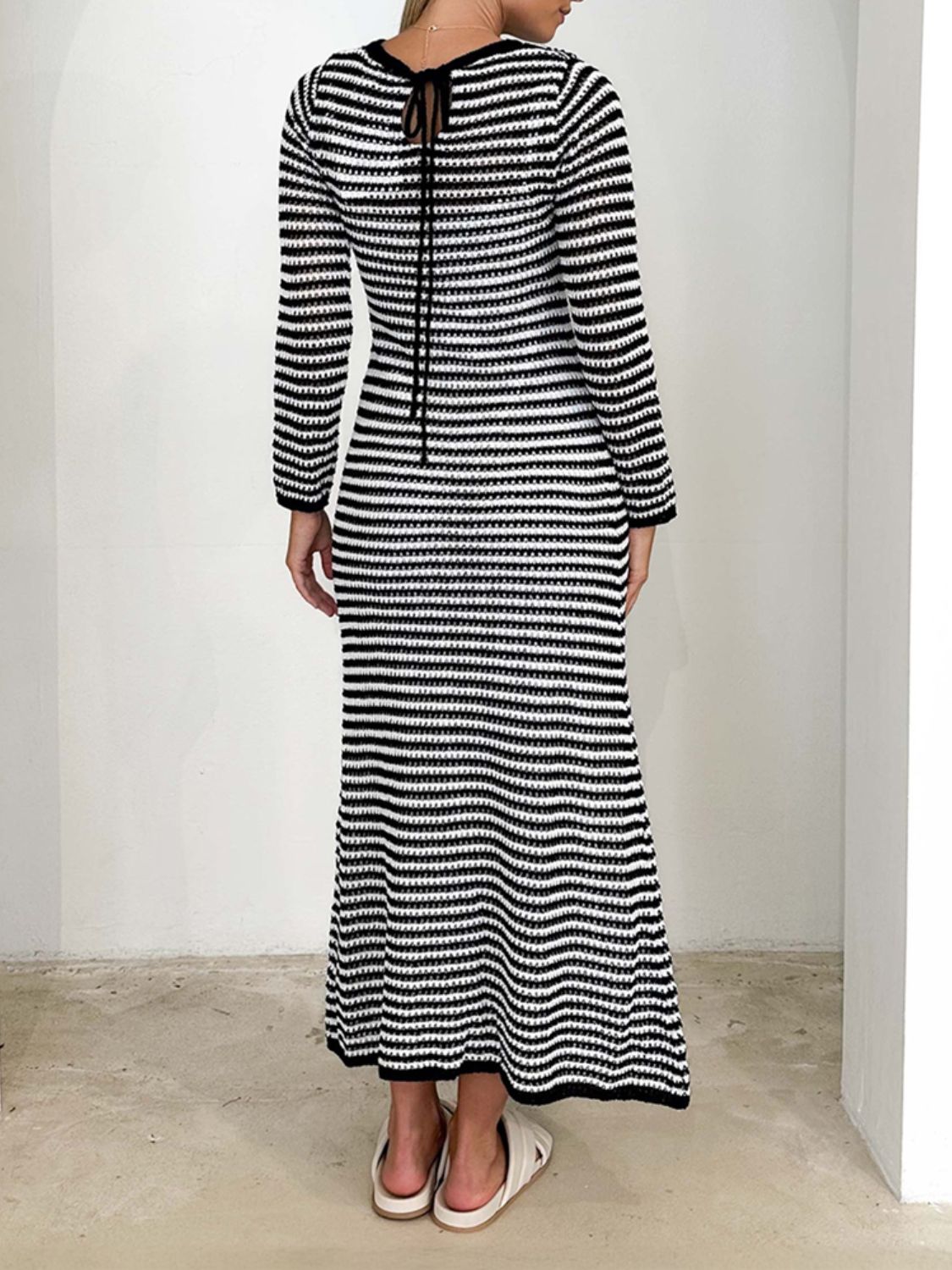 Devine Tied Round Neck Striped Sweater Dress Trendsi