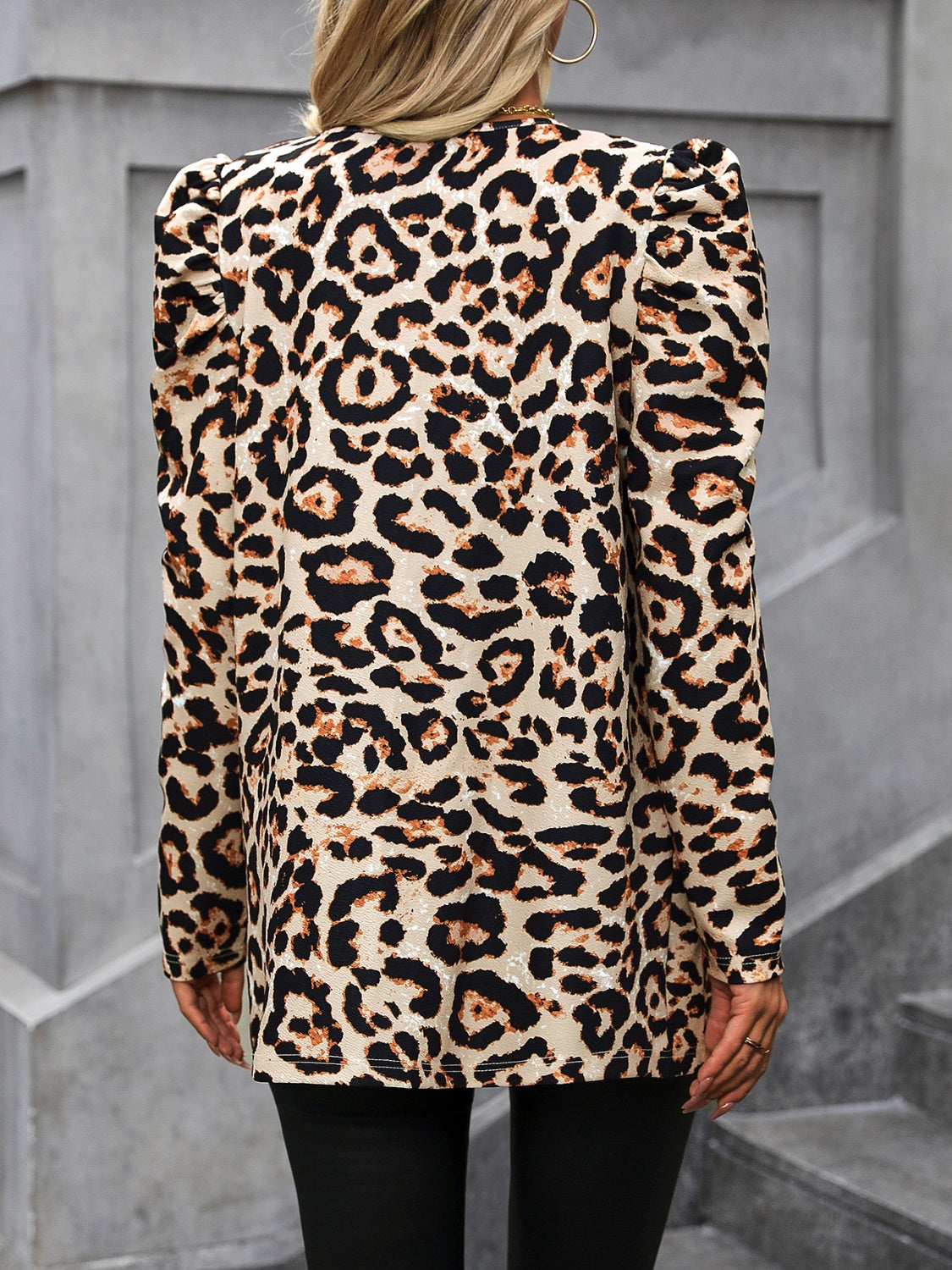 Leopard Open Front Puff Sleeve Jacket Trendsi