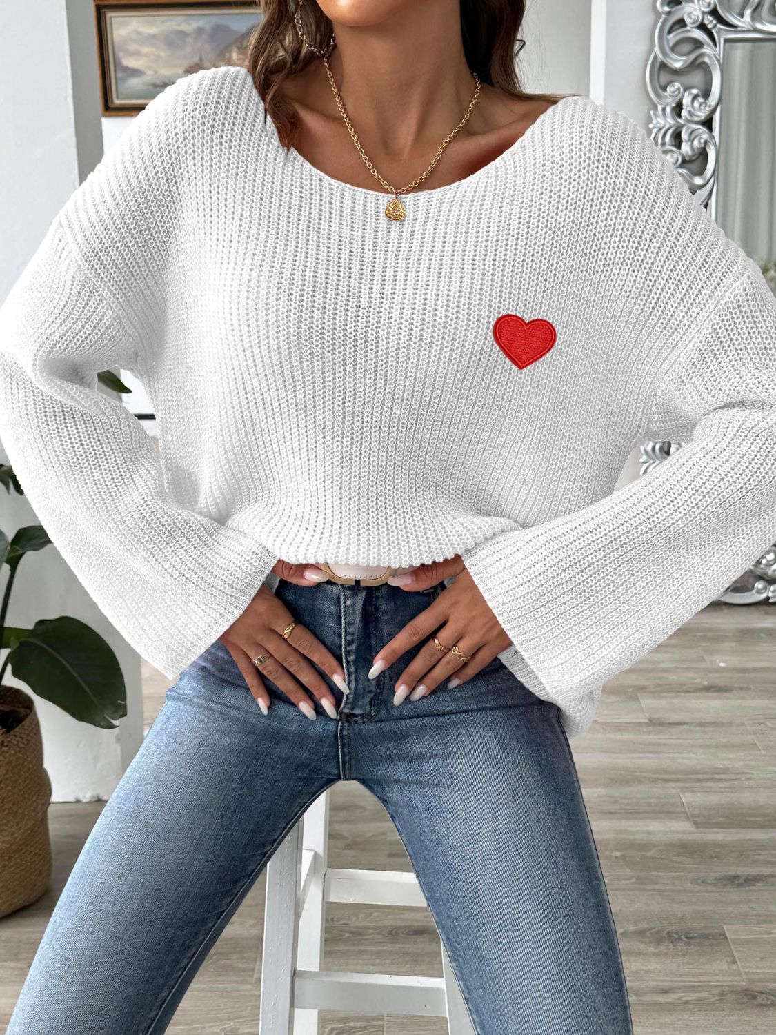 Heart Boat Neck Dropped Shoulder Sweater Trendsi