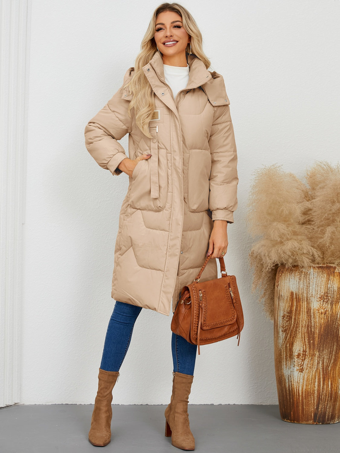 Long Sleeve Longline Hooded Winter Coat Trendsi