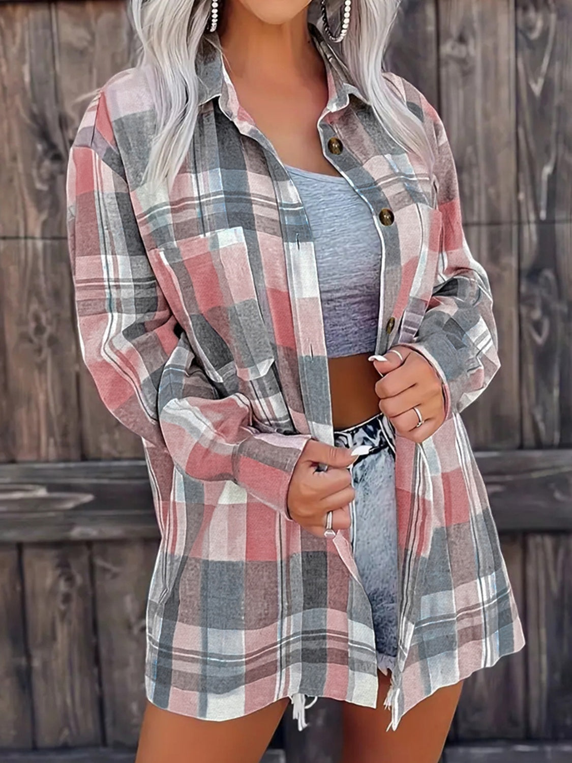 Pocketed Plaid Collared Neck Shacket Trendsi