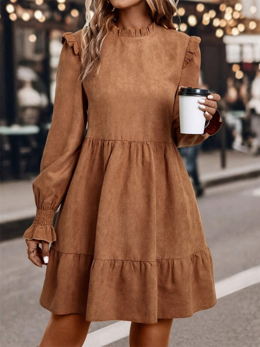 Frill Round Neck Long Sleeve Mini Dress Trendsi