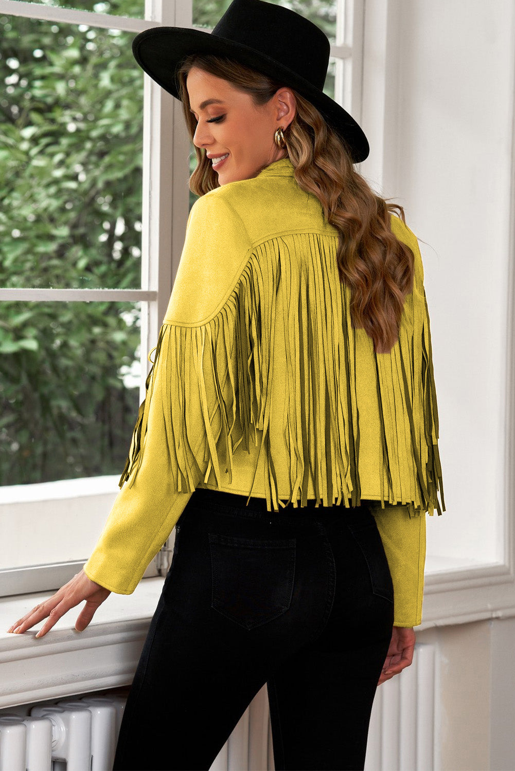 Fringe Trim Lapel Collar Cropped Blazer Trendsi