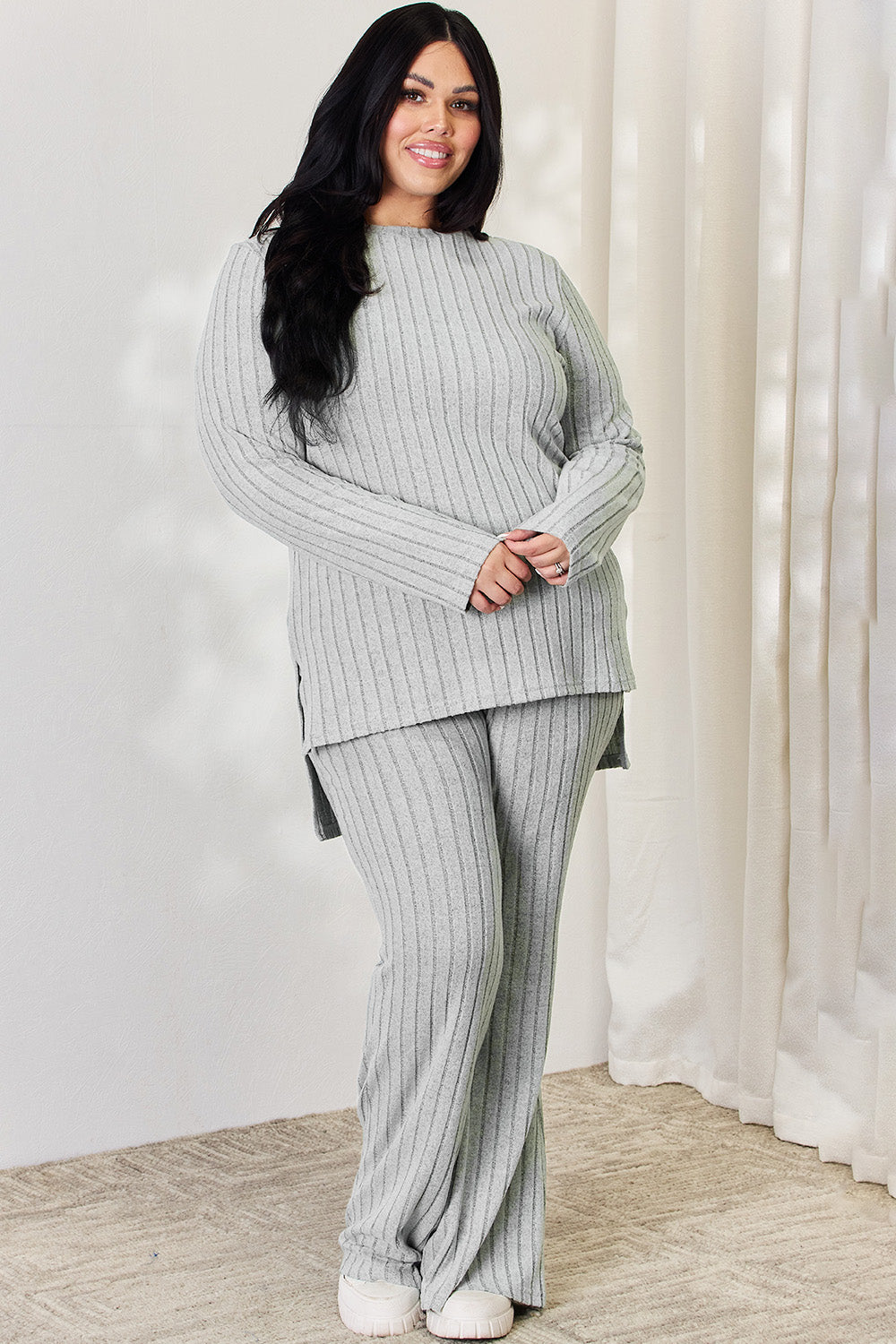 Basic Bae Full Size Ribbed High-Low Top and Wide Leg Pants Set Trendsi