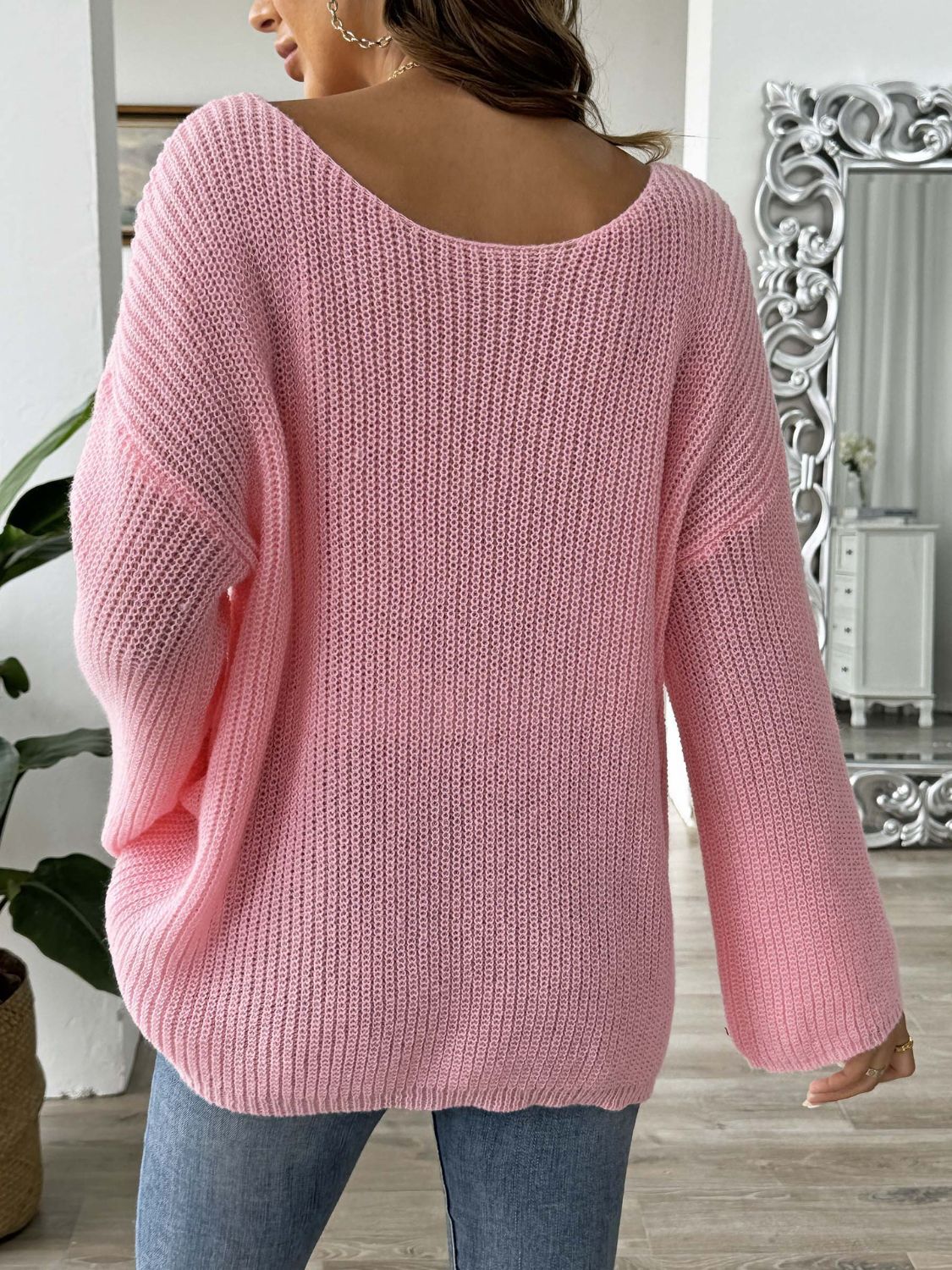 Heart Boat Neck Dropped Shoulder Sweater Trendsi