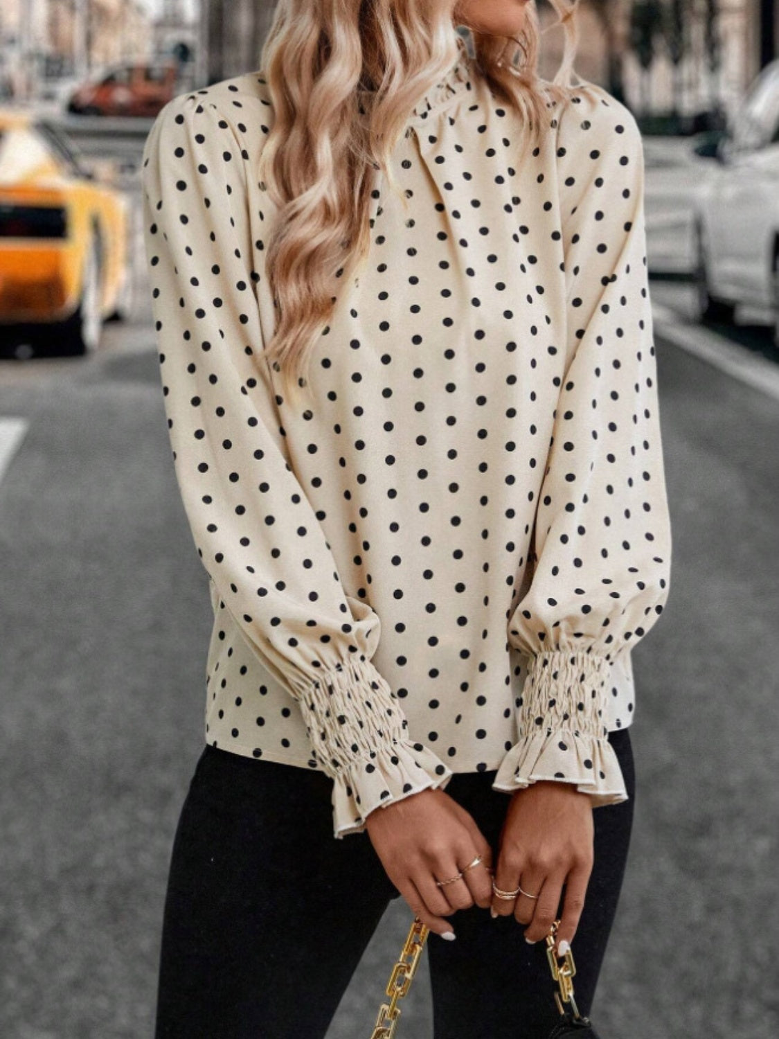 Polka Dot Mock Neck Long Sleeve Blouse Trendsi