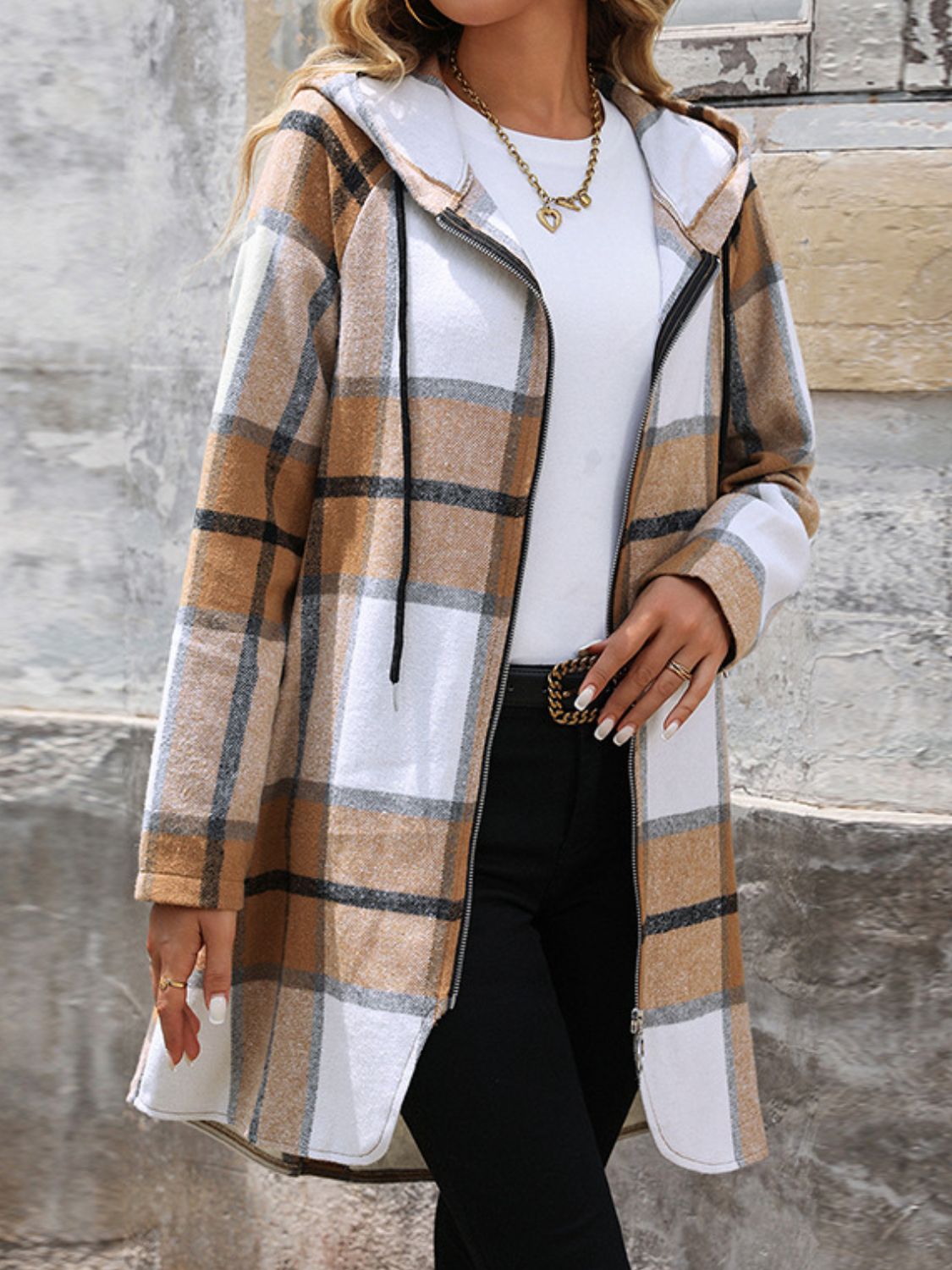 Drawstring Plaid Zip Up Long Sleeve Hooded Outerwear Trendsi