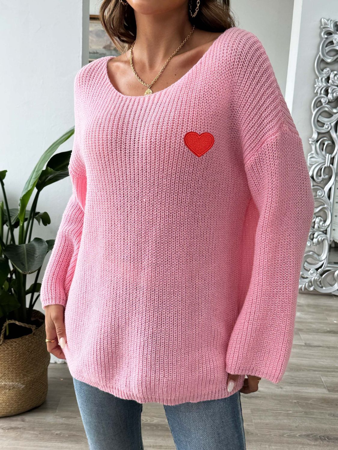 Heart Boat Neck Dropped Shoulder Sweater Trendsi