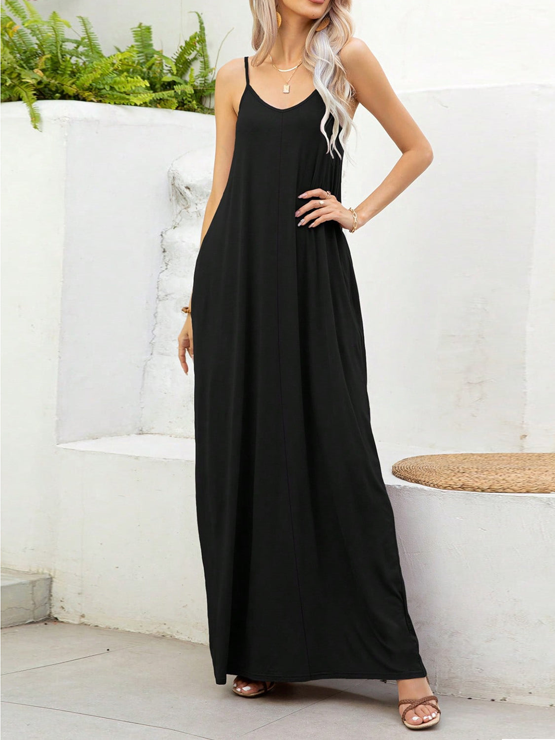 V-Neck Maxi Cami Dress with Pockets Trendsi